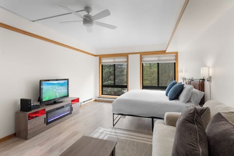 Unwind in your modern bedroom featuring a cozy fireplace, ceiling fan, and forest views through large windows.