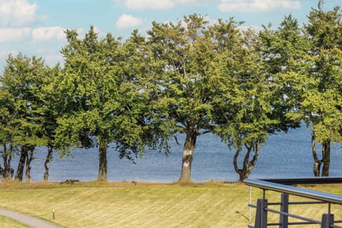 The photo shows trees over the water, possibly a view from a balcony. 