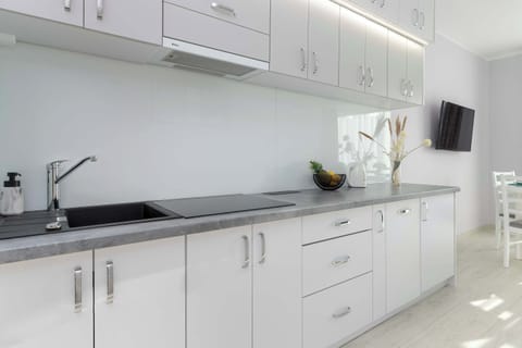 The functional kitchen with a generous countertop and full amenities makes cooking and storage effortless.