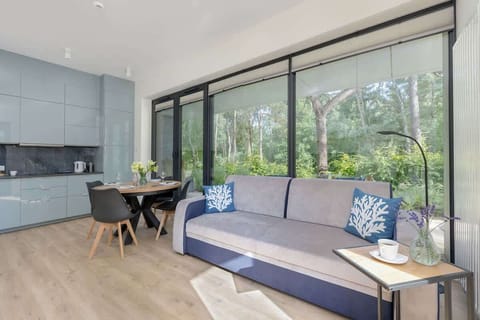  Spacious living room with a bright, modern kitchenette, large window and stylish sofa invites relaxation and shared moments.