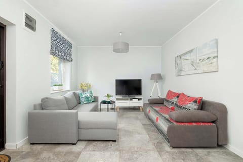 A bright studio, with a window letting natural light in, with a sofa and corner sofa and TV.