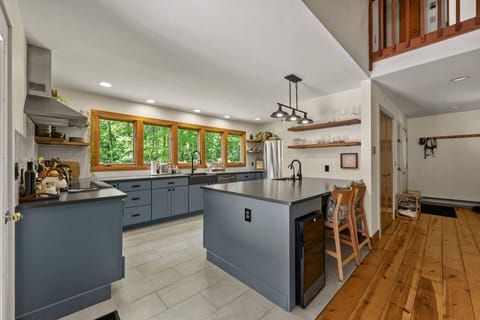 Modern kitchen with sleek cabinetry, center island, and expansive windows overlooking the trees.