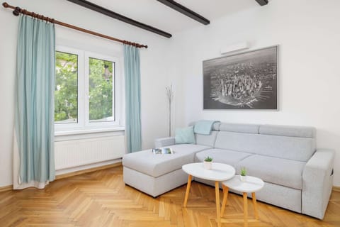 Fold-out sofa bed, coffee tables and TV where you can relax.