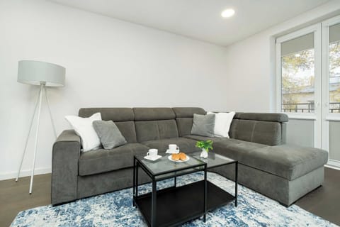A bright living room featuring a large gray corner sofa, a coffee table, and a blue-toned rug. A large window  is visible in the background.