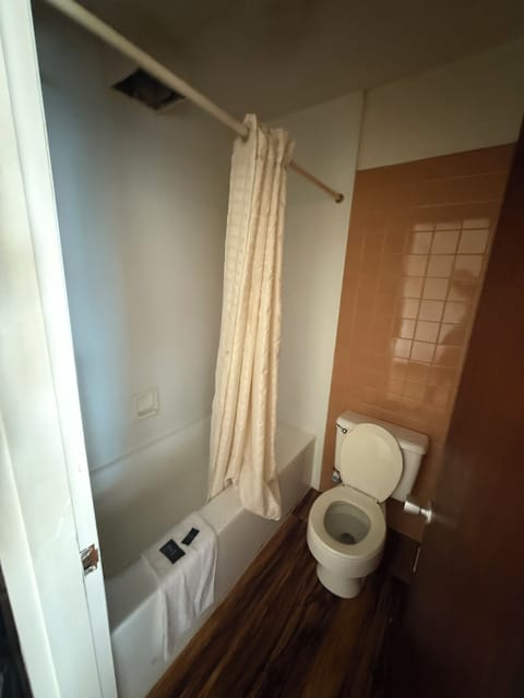 Room, 1 King Bed, Smoking, City View | Bathroom | Combined shower/tub, free toiletries, towels, soap