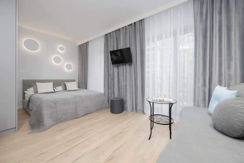 Living room with a double sofa bed, TV and fully equipped kitchenette.