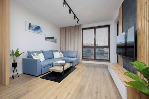 A modern living room with a blue sofa, coffee table, and a large window. The room is decorated with houseplants and minimalistic art, giving it a cozy yet contemporary feel.