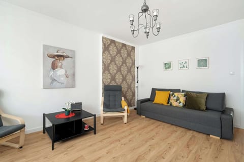 Elegant room with a sofa bed, TV and armchairs with coffee table.