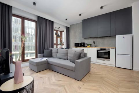 A unique living room decorated in dark tones with a double sofa bed.