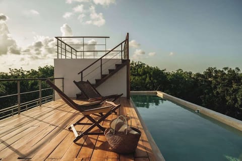 Shared rooftop pool with panoramic jungle views.