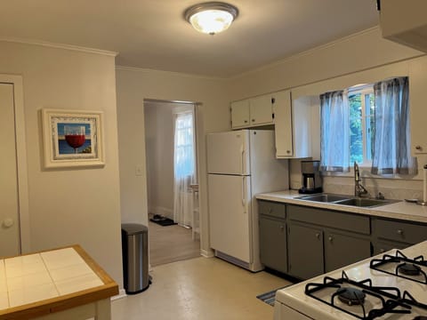 Amply stocked kitchen.