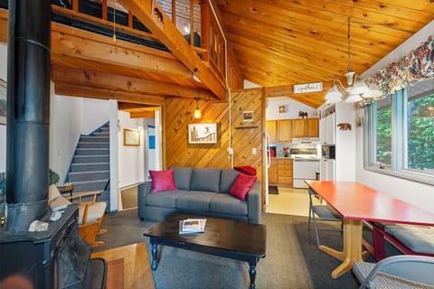 Cozy living space with wood burning stove | Lower Level