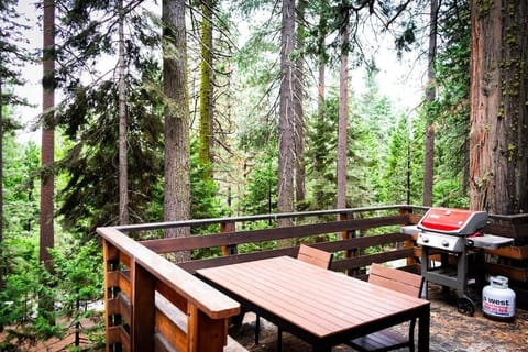 Deck off the kitchen wraps around huge sequoia.
