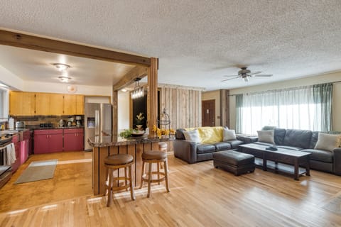 Spacious seating with warm tones and modern rustic decor.