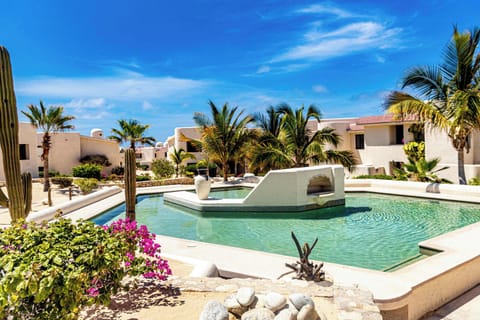 Peaceful central fountain surrounded by palm trees, cacti, and desert blooms.