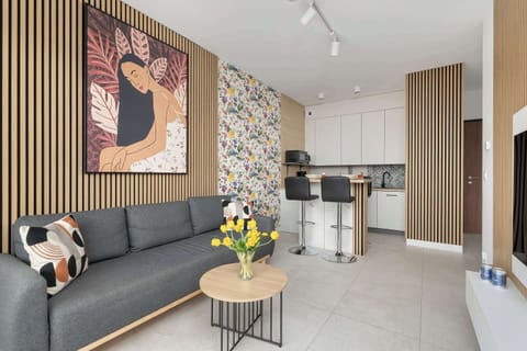 Living room with a fold-out sofa bed, TV and dining area with kitchenette.