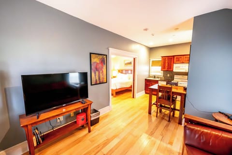 Relax with a movie night in the open, airy living area.