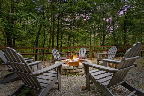 Cozy Forest Firepit | Adirondack Chairs Encircle Stone Fire Ring with Roasting Marshmallows and Rustic Charm