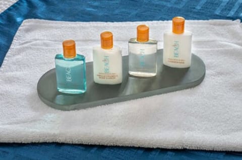 Combined shower/tub, free toiletries, hair dryer, towels