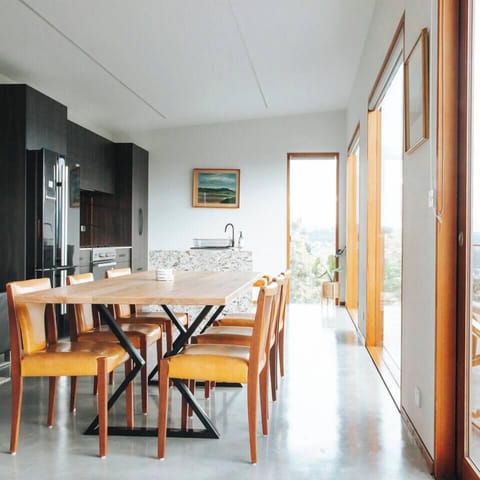 Open plan kitchen, lounge and dining area.