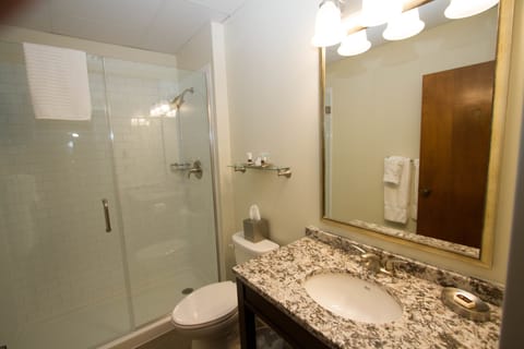 Combined shower/tub, eco-friendly toiletries, towels