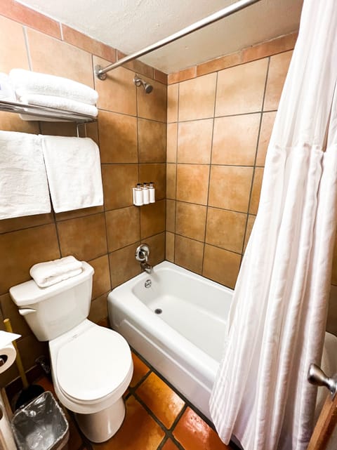 Combined shower/tub, hair dryer, towels, soap