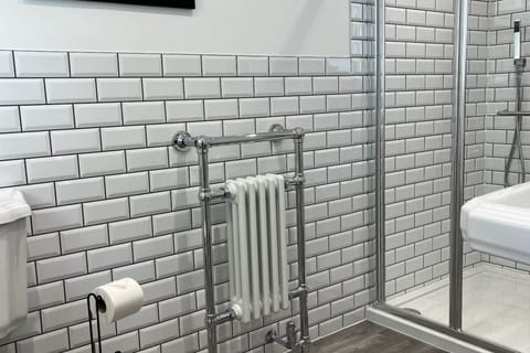 Combined shower/tub, hair dryer, slippers, towels