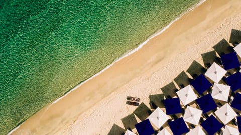 On the beach, sun loungers, beach umbrellas, beach towels