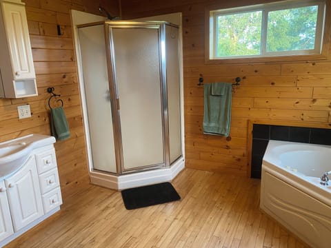 Main floor bathroom with shower and large tub.