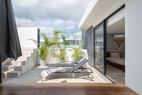 Private terrace with pool, loungers, and breakfast table surrounded by palms.