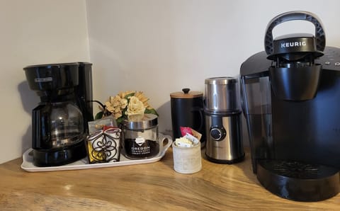 Coffee bar with French press, traditional drip, Keurig, grinder, and more.