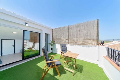Terrace wit artificial grass, and outdoor furniture.