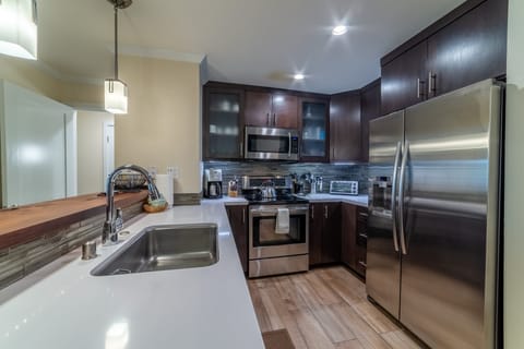 Kitchen comes fully stocked with everything needed to cook a nice meal. We supply coffee, coffee filters, creamer, sugar, salt, pepper and cooking oil.