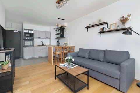A cozy living room space with a grey sofa bed, coffee table, and decorative shelves. The large window allows plenty of natural light to fill the room.