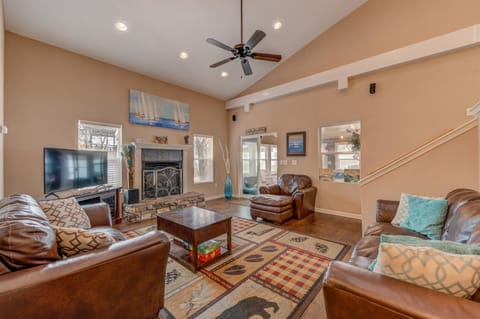 The Great Room is warm and inviting with plush leather couches, a SmartTV and an assortment of board games.