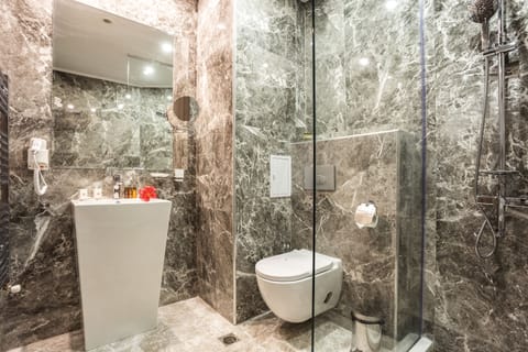 Combined shower/tub, free toiletries, bathrobes, slippers