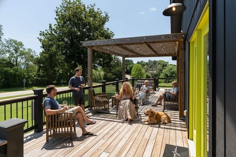 Friends share wine and laughter on a sunny deck framed by lush countryside and warm wood accents.