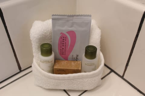 Combined shower/tub, free toiletries, hair dryer, towels