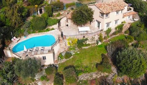 Aerial view of the house and terraces