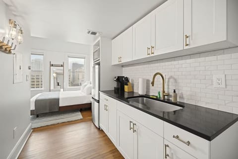 Cook simple meals in a sleek kitchen with modern finishes.