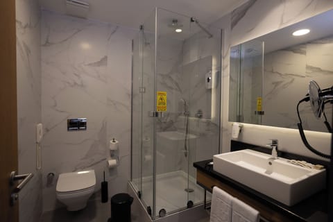 Shower, hydromassage showerhead, free toiletries, hair dryer