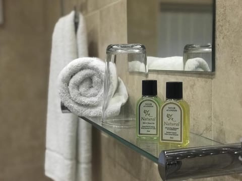 Combined shower/tub, hair dryer, towels, soap