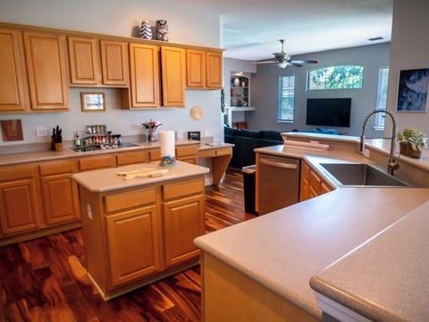 Large chef's kitchen with island and seating for 8.