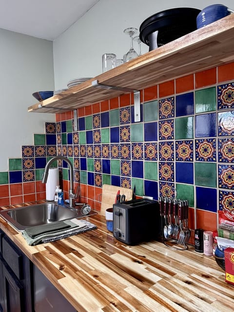 Kitchenette - Custom Talavera Tile, Dishes, Glasses, Complimentary Amenities: Local Pinon Coffee, Coffee Creamer, Sugars, Oatmeal, Hot Chocolate, Butters, Fresh Farm Eggs, and MORE!