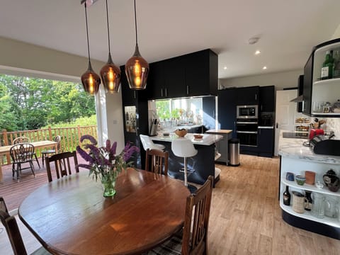 The deck, the indoor dining area, and the kitchen are all open plan