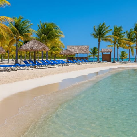 Private beach, white sand, sun loungers, beach umbrellas