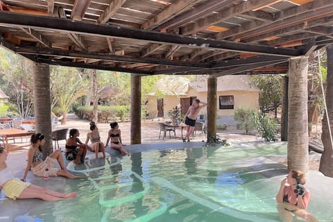 Outdoor pool, a natural pool, pool umbrellas, sun loungers