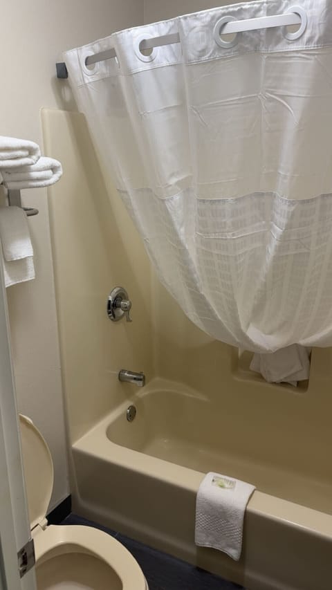 Combined shower/tub, hair dryer, towels, soap