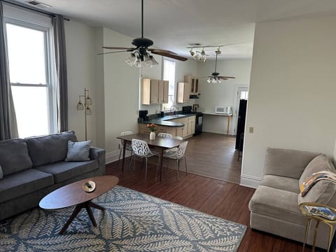 Open living area (with queen size sofa bed), dining room and kitchen