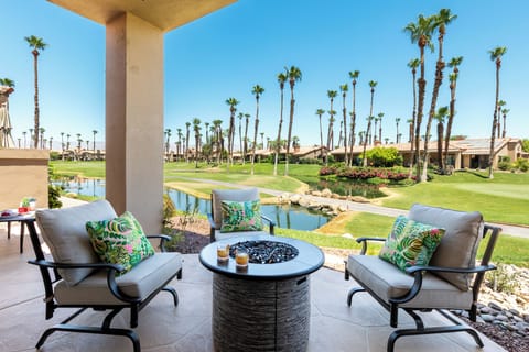 East facing covered Patio overlooking the 2nd Tee Box of the Challenge Course.